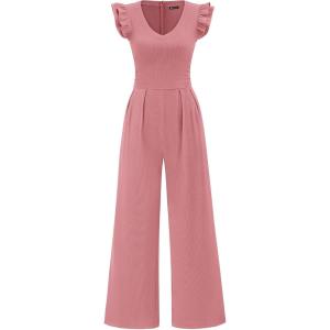 imagePRETTYGARDEN One Piece Jumpsuits For Women Dressy Ruffle Cap Sleeve V Neck Ribbed Knit Wide Leg Romper 2026 Spring OutfitsDusty Pink