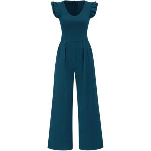 imagePRETTYGARDEN One Piece Jumpsuits For Women Dressy Ruffle Cap Sleeve V Neck Ribbed Knit Wide Leg Romper 2026 Spring OutfitsLake Blue