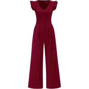imagePRETTYGARDEN One Piece Jumpsuits For Women Dressy Ruffle Cap Sleeve V Neck Ribbed Knit Wide Leg Romper 2026 Spring OutfitsWine Red
