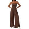 imagePRETTYGARDEN Womens Trendy Strapless Rompers 2026 Ruched Tube Top Wide Leg One Piece Jumpsuits Beach Vacation Summer OutfitsBrown