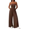 imagePRETTYGARDEN Womens Trendy Strapless Rompers 2026 Ruched Tube Top Wide Leg One Piece Jumpsuits Beach Vacation Summer OutfitsBrown