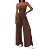 imagePRETTYGARDEN Womens Trendy Strapless Rompers 2026 Ruched Tube Top Wide Leg One Piece Jumpsuits Beach Vacation Summer OutfitsBrown
