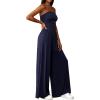 imagePRETTYGARDEN Womens Trendy Strapless Rompers 2026 Ruched Tube Top Wide Leg One Piece Jumpsuits Beach Vacation Summer OutfitsNavy Blue