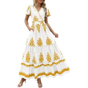 imagePRETTYGARDEN Womens 2025 Summer Casual V Neck Boho Maxi Dress Flowy Aline Bell Sleeve Tiered Floral Dresses with PocketFloral White Yellow