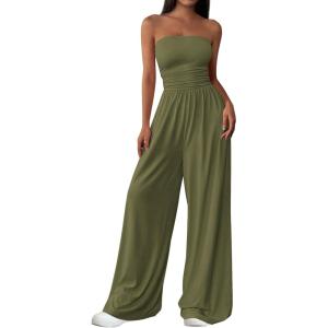 imagePRETTYGARDEN Womens Trendy Strapless Rompers 2026 Ruched Tube Top Wide Leg One Piece Jumpsuits Beach Vacation Summer OutfitsArmy Green