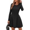 imagePRETTYGARDEN Long Sleeve Mini Dress for Women 2025 Fall Crewneck Knit Pleated Babydoll A Line Soft Casual Short Party DressesPolka Dot Black White