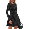 imagePRETTYGARDEN Long Sleeve Mini Dress for Women 2025 Fall Crewneck Knit Pleated Babydoll A Line Soft Casual Short Party DressesPolka Dot Black White