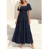 imagePRETTYGARDEN Summer Dresses for Women 2026 Boho Swiss Dot Smocked Square Neck Short Sleeve Spring Wedding Guest Maxi DressNavy Blue