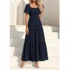 imagePRETTYGARDEN Summer Dresses for Women 2026 Boho Swiss Dot Smocked Square Neck Short Sleeve Spring Wedding Guest Maxi DressNavy Blue