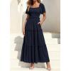 imagePRETTYGARDEN Summer Dresses for Women 2026 Boho Swiss Dot Smocked Square Neck Short Sleeve Spring Wedding Guest Maxi DressNavy Blue