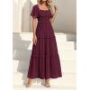 imagePRETTYGARDEN Summer Dresses for Women 2026 Boho Swiss Dot Smocked Square Neck Short Sleeve Spring Wedding Guest Maxi DressWine Red