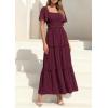 imagePRETTYGARDEN Summer Dresses for Women 2026 Boho Swiss Dot Smocked Square Neck Short Sleeve Spring Wedding Guest Maxi DressWine Red