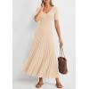 imagePRETTYGARDEN Womens 2026 Spring Midi Sweater Dresses Elegant Pleated Ribbed Knit Short Sleeve V Neck A Line Summer OutfitsBeige