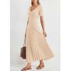 imagePRETTYGARDEN Womens 2026 Spring Midi Sweater Dresses Elegant Pleated Ribbed Knit Short Sleeve V Neck A Line Summer OutfitsBeige