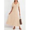imagePRETTYGARDEN Womens 2026 Spring Midi Sweater Dresses Elegant Pleated Ribbed Knit Short Sleeve V Neck A Line Summer OutfitsBeige