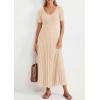 imagePRETTYGARDEN Womens 2026 Spring Midi Sweater Dresses Elegant Pleated Ribbed Knit Short Sleeve V Neck A Line Summer OutfitsBeige