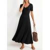 imagePRETTYGARDEN Womens 2026 Spring Midi Sweater Dresses Elegant Pleated Ribbed Knit Short Sleeve V Neck A Line Summer OutfitsBlack