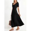 imagePRETTYGARDEN Womens 2026 Spring Midi Sweater Dresses Elegant Pleated Ribbed Knit Short Sleeve V Neck A Line Summer OutfitsBlack