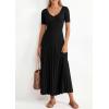 imagePRETTYGARDEN Womens 2026 Spring Midi Sweater Dresses Elegant Pleated Ribbed Knit Short Sleeve V Neck A Line Summer OutfitsBlack