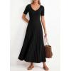 imagePRETTYGARDEN Womens 2026 Spring Midi Sweater Dresses Elegant Pleated Ribbed Knit Short Sleeve V Neck A Line Summer OutfitsBlack