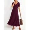 imagePRETTYGARDEN Womens 2026 Spring Midi Sweater Dresses Elegant Pleated Ribbed Knit Short Sleeve V Neck A Line Summer OutfitsBurgundy