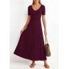 imagePRETTYGARDEN Womens 2026 Spring Midi Sweater Dresses Elegant Pleated Ribbed Knit Short Sleeve V Neck A Line Summer OutfitsBurgundy
