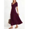 imagePRETTYGARDEN Womens 2026 Spring Midi Sweater Dresses Elegant Pleated Ribbed Knit Short Sleeve V Neck A Line Summer OutfitsBurgundy