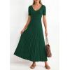 imagePRETTYGARDEN Womens 2026 Spring Midi Sweater Dresses Elegant Pleated Ribbed Knit Short Sleeve V Neck A Line Summer OutfitsDark Green