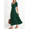 imagePRETTYGARDEN Womens 2026 Spring Midi Sweater Dresses Elegant Pleated Ribbed Knit Short Sleeve V Neck A Line Summer OutfitsDark Green