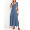 imagePRETTYGARDEN Womens 2026 Spring Midi Sweater Dresses Elegant Pleated Ribbed Knit Short Sleeve V Neck A Line Summer OutfitsDusty Blue