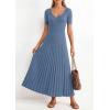 imagePRETTYGARDEN Womens 2026 Spring Midi Sweater Dresses Elegant Pleated Ribbed Knit Short Sleeve V Neck A Line Summer OutfitsDusty Blue