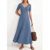 imagePRETTYGARDEN Womens 2026 Spring Midi Sweater Dresses Elegant Pleated Ribbed Knit Short Sleeve V Neck A Line Summer OutfitsDusty Blue