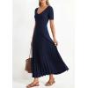imagePRETTYGARDEN Womens 2026 Spring Midi Sweater Dresses Elegant Pleated Ribbed Knit Short Sleeve V Neck A Line Summer OutfitsNavy Blue