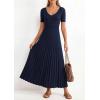 imagePRETTYGARDEN Womens 2026 Spring Midi Sweater Dresses Elegant Pleated Ribbed Knit Short Sleeve V Neck A Line Summer OutfitsNavy Blue