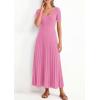 imagePRETTYGARDEN Womens 2026 Spring Midi Sweater Dresses Elegant Pleated Ribbed Knit Short Sleeve V Neck A Line Summer OutfitsPink