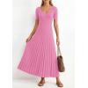 imagePRETTYGARDEN Womens 2026 Spring Midi Sweater Dresses Elegant Pleated Ribbed Knit Short Sleeve V Neck A Line Summer OutfitsPink