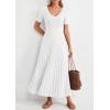 imagePRETTYGARDEN Womens 2026 Spring Midi Sweater Dresses Elegant Pleated Ribbed Knit Short Sleeve V Neck A Line Summer OutfitsWhite