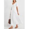 imagePRETTYGARDEN Womens 2026 Spring Midi Sweater Dresses Elegant Pleated Ribbed Knit Short Sleeve V Neck A Line Summer OutfitsWhite