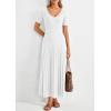 imagePRETTYGARDEN Womens 2026 Spring Midi Sweater Dresses Elegant Pleated Ribbed Knit Short Sleeve V Neck A Line Summer OutfitsWhite