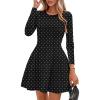imagePRETTYGARDEN Long Sleeve Mini Dress for Women 2025 Fall Crewneck Knit Pleated Babydoll A Line Soft Casual Short Party DressesPolka Dot Black White