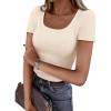 imagePRETTYGARDEN Short Sleeve Shirts for Women 2026 Summer Trendy Scoop Neck Ribbed Tops Spring Casual Slim Fitted Basic TeesBeige