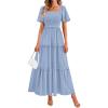 imagePRETTYGARDEN Summer Dresses for Women 2026 Boho Swiss Dot Smocked Square Neck Short Sleeve Spring Wedding Guest Maxi DressLight Blue