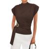 imagePRETTYGARDEN Women Blouses Spring Dressy Cap Sleeve Mock Neck Work Shirts Buckle Tunic Summer Business Casual Tops 2026Brown