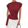 imagePRETTYGARDEN Women Blouses Spring Dressy Cap Sleeve Mock Neck Work Shirts Buckle Tunic Summer Business Casual Tops 2026Burgundy