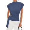 imagePRETTYGARDEN Women Blouses Spring Dressy Cap Sleeve Mock Neck Work Shirts Buckle Tunic Summer Business Casual Tops 2026Grey Blue
