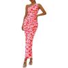 imagePRETTYGARDEN Womens One Shoulder Bodycon Dresses Summer 2025 Ruched Floral Beach Cocktail Wedding Guest DressFloral Orange