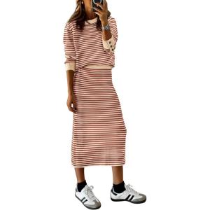imagePRETTYGARDEN 2 Piece Skirts Sets for Women Fall Fashion 2026 Striped Sweater Dress Knit Lounge Travel Outfits Winter ClothingOrange Stripe