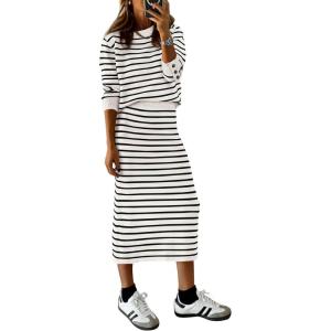 imagePRETTYGARDEN 2 Piece Skirts Sets for Women Fall Fashion 2026 Striped Sweater Dress Knit Lounge Travel Outfits Winter ClothingWhite Stripe