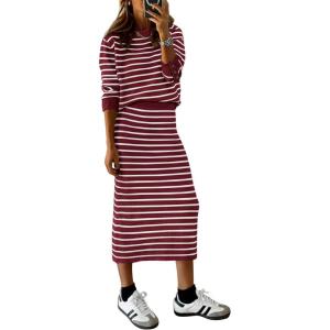 imagePRETTYGARDEN 2 Piece Skirts Sets for Women Fall Fashion 2026 Striped Sweater Dress Knit Lounge Travel Outfits Winter ClothingWine Red White Stripe