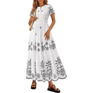 imagePRETTYGARDEN Boho Dresses for Women 2026 Summer Spring Casual Floral Short Sleeve V Neck Maxi Elastic Waist Dress PocketsWhite Black Flower